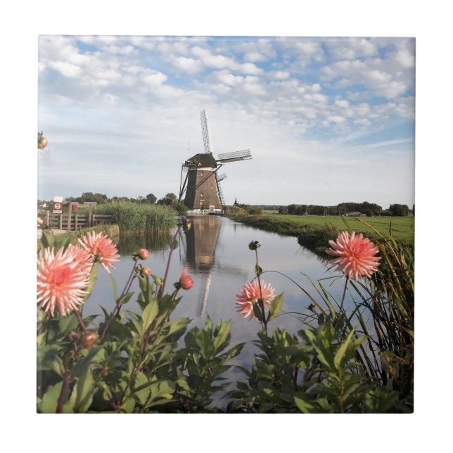 Windmill and flowers in Holland photo tile Kakelplatta (Framsidan)