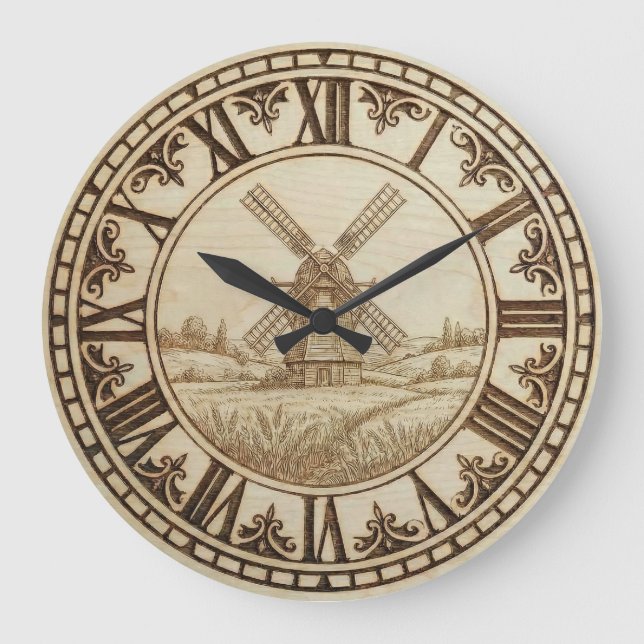 Windmill Wall Clock – Rustic Wood-Burned Style Stor Klocka (Framsida)
