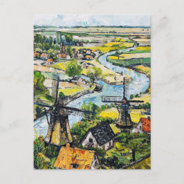 Windmills and Church by River Fantasy Painting Vykort
