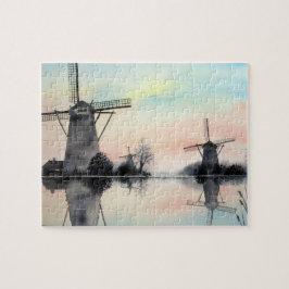 Windmills på Dawn Kinderdijk Holland Painting Pussel