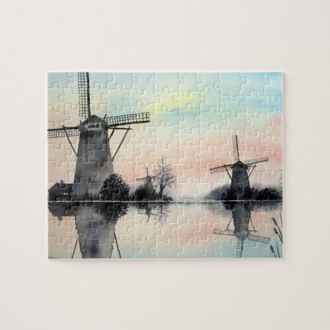 Windmills på Dawn Kinderdijk Holland Painting Pussel (Horisontell)