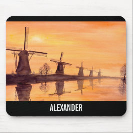 Windmills Sunset Holland Watercolor Painting Musmatta