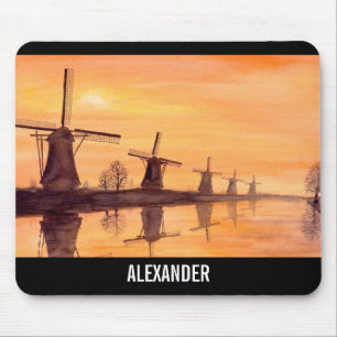 Windmills Sunset Holland Watercolor Painting Musmatta