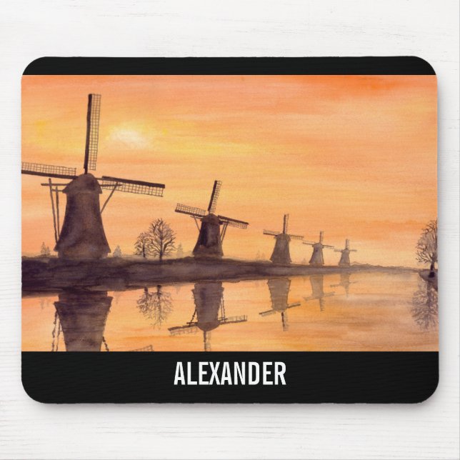 Windmills Sunset Holland Watercolor Painting Musmatta (Framsidan)