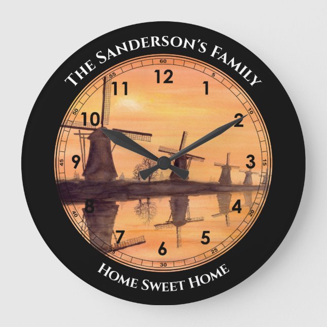 Windmills Sunset Kinderdijk - Vattenfärgmålning  Stor Klocka (Framsida)