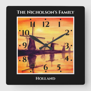 Windmills Sunset Kinderdijk - Watercolor Painting Fyrkantig Klocka