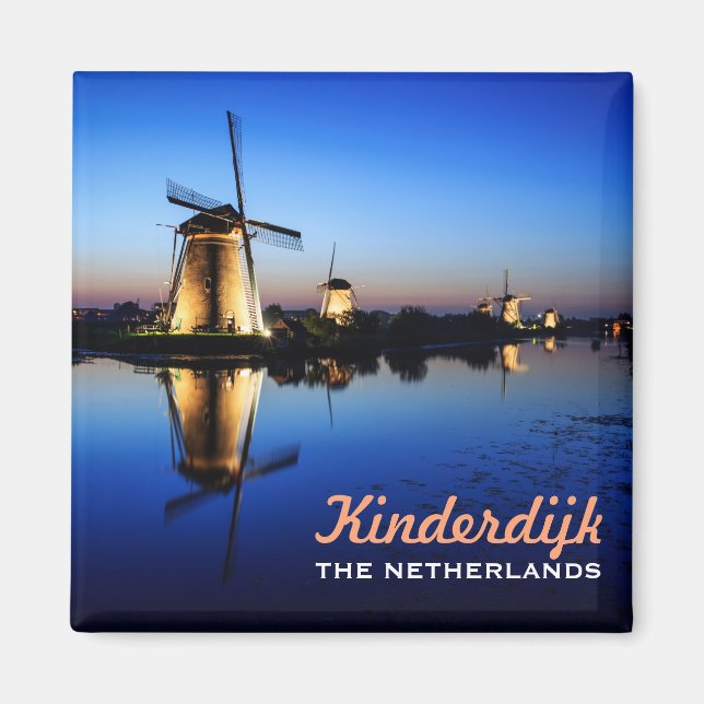 Windmills vid Blue Hour i Kinderdijk textmagnet Magnet (Framsidan)