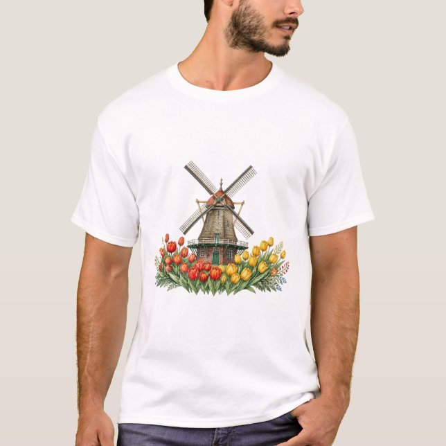 Windmühle Im Tulpenfeld Mit Blumenhaus T Shirt (Framsida)