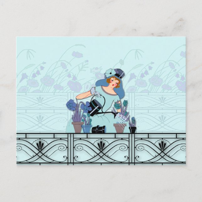 WINDOW GARDEN, ART DECO DAM: FRANSK BLUE VYKORT (Framsida)