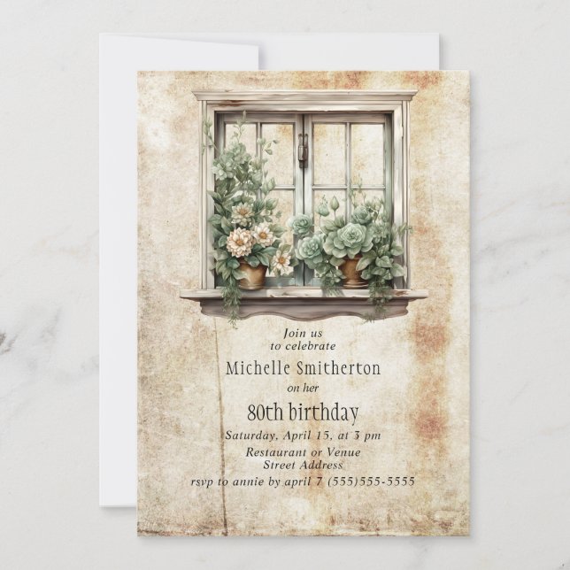 Window Garden Succulents Rustic 80 Birthday Inbjudningar (Framsida)