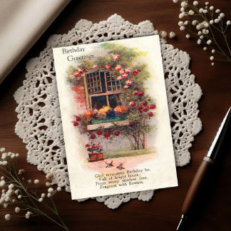 Window Roses Vintage 1920 Birthday Greetings Vykort
