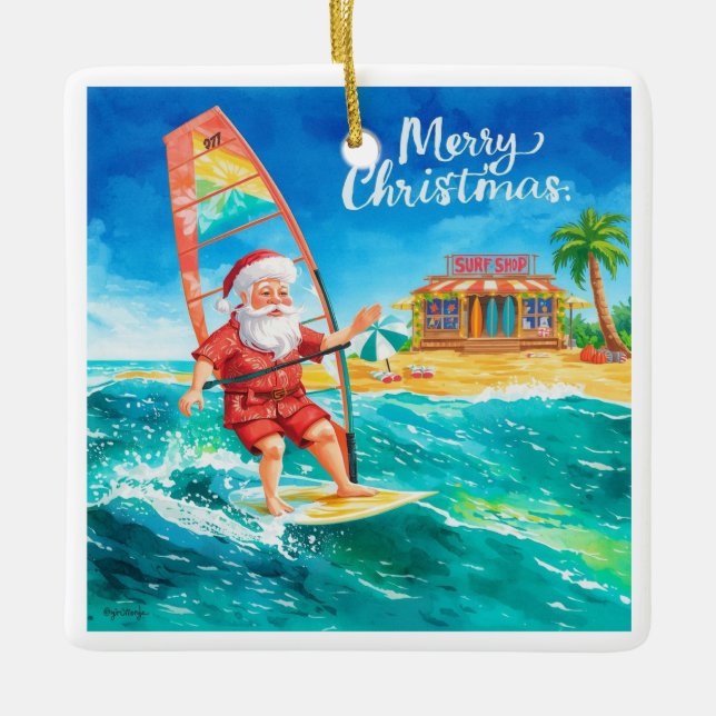 Windsurfing Santa Beach Christmas Card Julgransprydnad Keramik (Framsida)