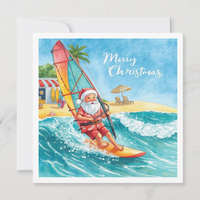 Windsurfing Santa Beach Christmas Card Julkort (Framsida)