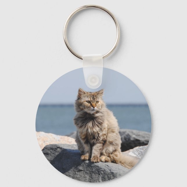 Windswept Cat by the Sea Cute Photo Nyckelring (Framsida)
