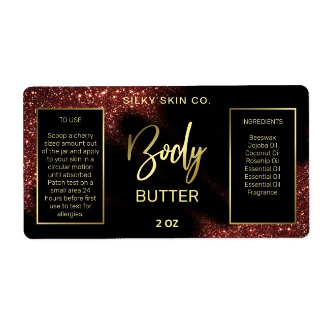 Windswept Glitter Red Black Guld Body Butter Label Fraktsedel (Framsidan)