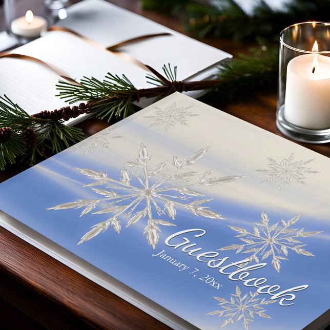 Windy Snöflingor Winter White & Blue Snowy Day Gästböcker (Winter wedding guestbook blue crystal snowflakes)