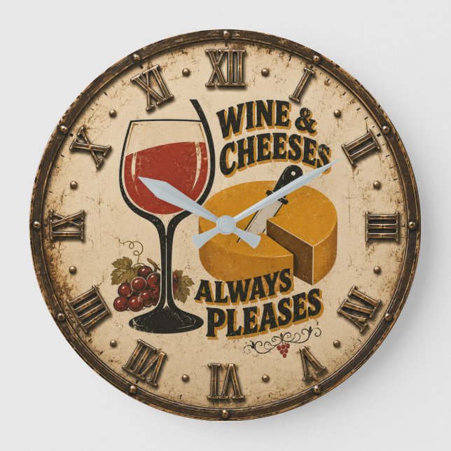 Wine and Cheese Always Pleases Rustic Kitchen  Stor Klocka (Framsida)