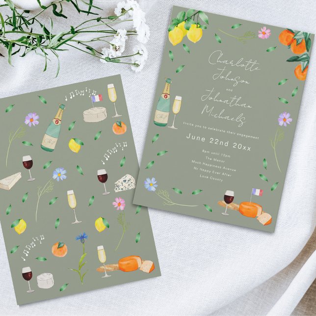 Wine and Cheese Boho French Engagement Party Inbjudningar (Wildflower boho citrus wine and cheese sage green french destination wedding invitation )