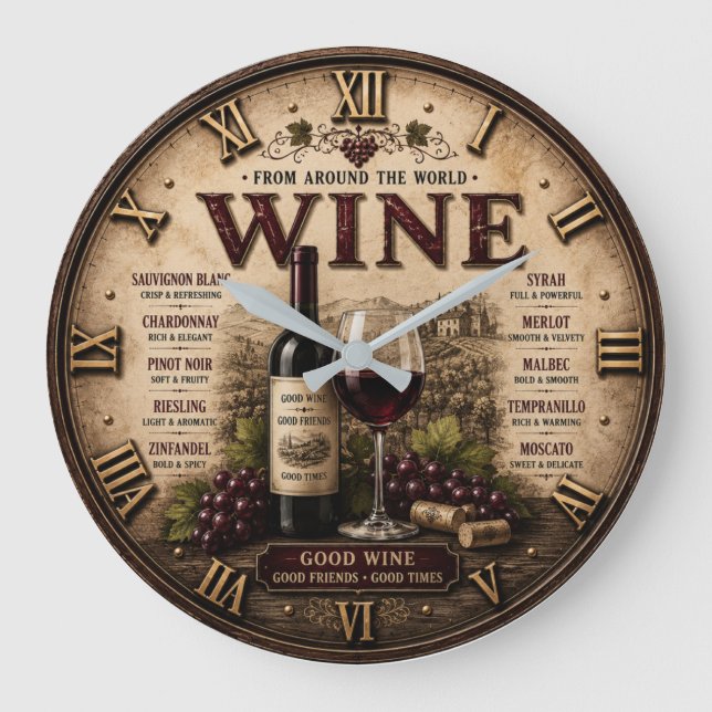 Wine Around the World Rustic Vineyard Stor Klocka (Framsida)