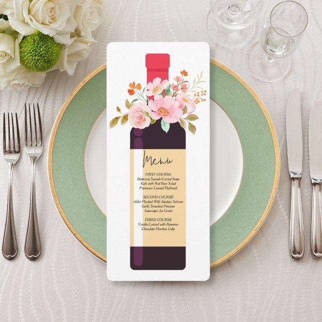 Wine Bottle and Flowers Bridal Shower Menu Inbjudningar (Skapare uppladdad)