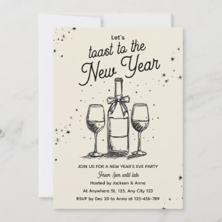Wine Bottle and Glasses Hand Drawn New Year Party Inbjudningar