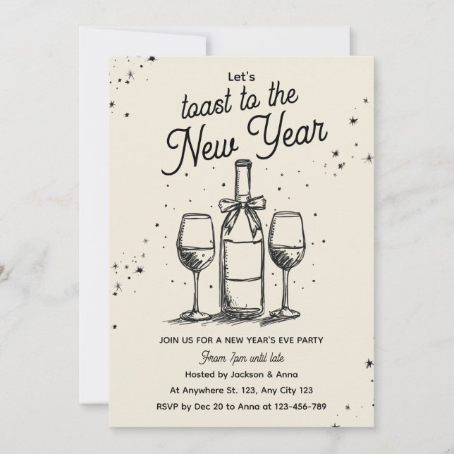 Wine Bottle and Glasses Hand Drawn New Year Party Inbjudningar (Framsida)