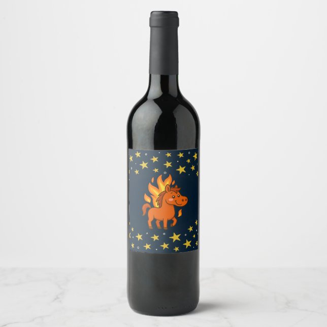 Wine Bottle Label with a red horses Vinflaska Etikett (Framsida)