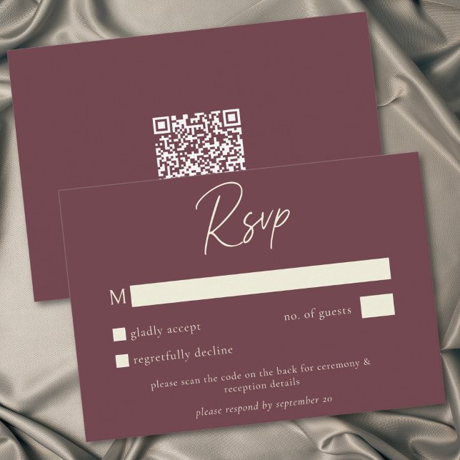 Wine Burgundy Minimalist Höst Bröllop QR-kod OSA Kort (Wine Burgundy Minimalist Leaf Acorn Fall Wedding RSVP Card)