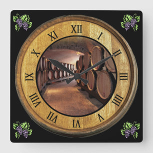 Wine Cellar Clock 01 ~ Wine Barrel Lid Background Fyrkantig Klocka