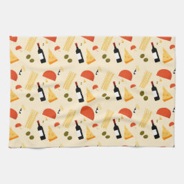 Wine cheese pasta and olives on a beige background kökshandduk