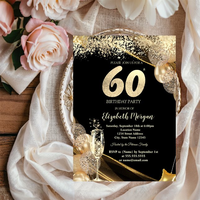 Wine Glass Gold Confetti Balloons 60th Birthday Inbjudningar (Skapare uppladdad)