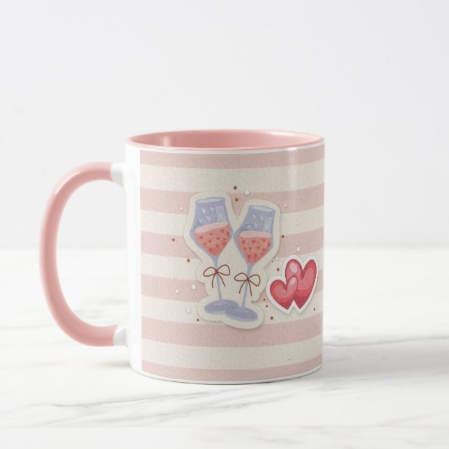 Wine Glass & Heart Pattern – Cute Pastel Love Illu Mugg (Vänster)