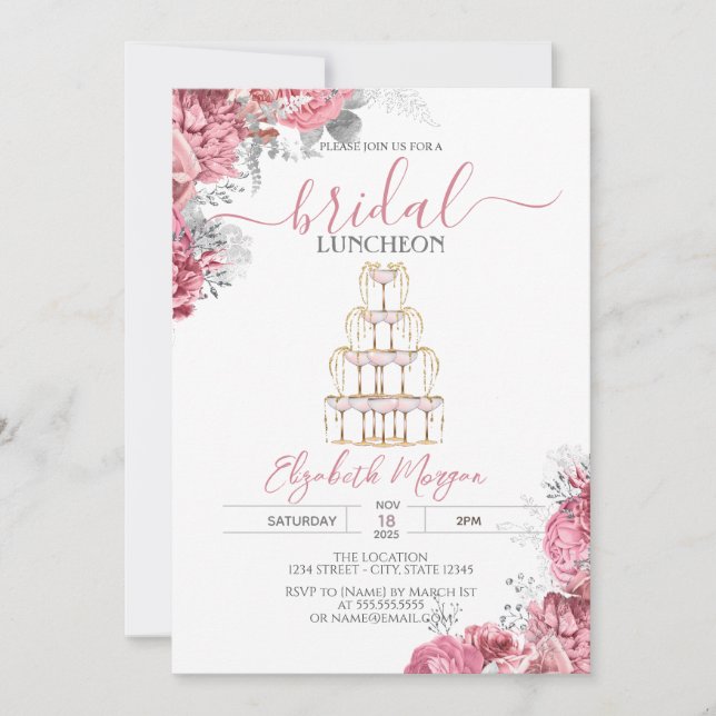  Wine Glass Pink  Roses Bridal Luncheon Inbjudningar (Framsida)