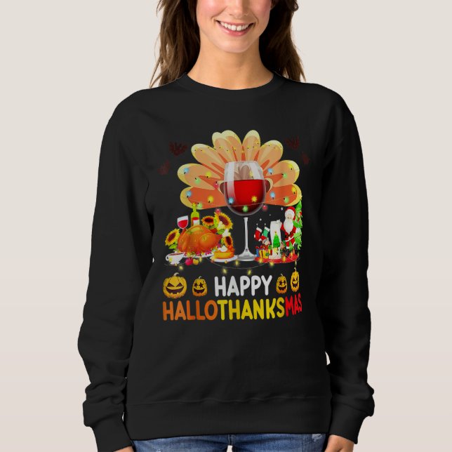 Wine Glass Thankgiving  Happy Hallothanksmas Costu T Shirt (Framsida)