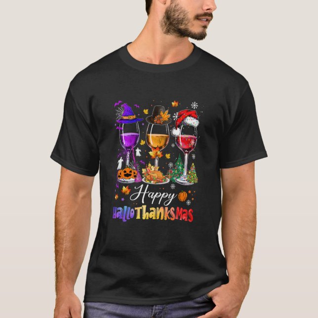 Wine Glasses Halloween Merry Christmas Happy Hallo T Shirt (Framsida)