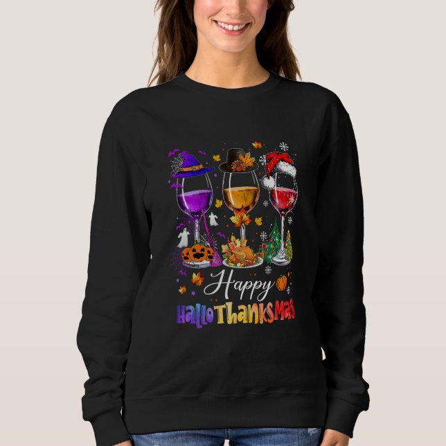 Wine Glasses Halloween Merry Christmas Happy Hallo T Shirt (Framsida)