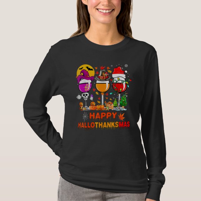 Wine Glasses Witch Santa Hat Pumpkin Happy Halloth T Shirt (Framsida)