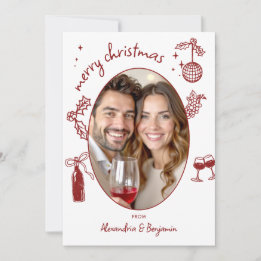 Wine Lover Hand-Drawn Whimsical Photo Holiday Card Julkort