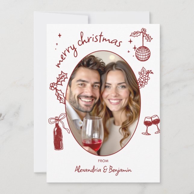 Wine Lover Hand-Drawn Whimsical Photo Holiday Card Julkort (Framsida)
