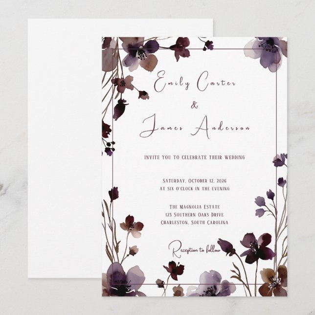 Wine Red Plum Mauve Fall Floral Wedding Inbjudningar (Fram/baksida)