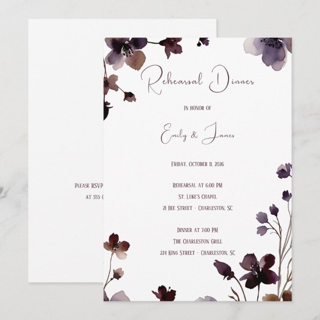 Wine Red Plum Mauve Fall Floral Wedding Inbjudningar (Fram/baksida)
