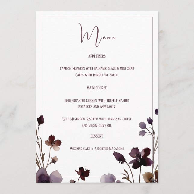 Wine Red Plum Mauve Fall Floral Wedding Meny (Framsida)