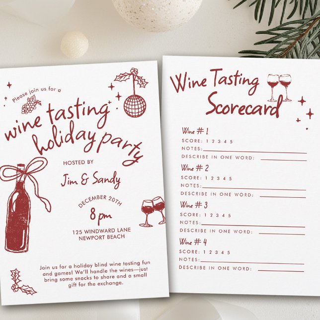 Wine Tasting Party Scorecard Game Doodle Holiday  Inbjudningar (wine tasting holiday party drinks hand drawn winery charcuterie friendsmas blind christmas santa)