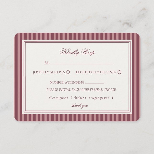 Wine Vineyard Club Old Money Striped Wedding RSVP Tilläggskort (Framsida)