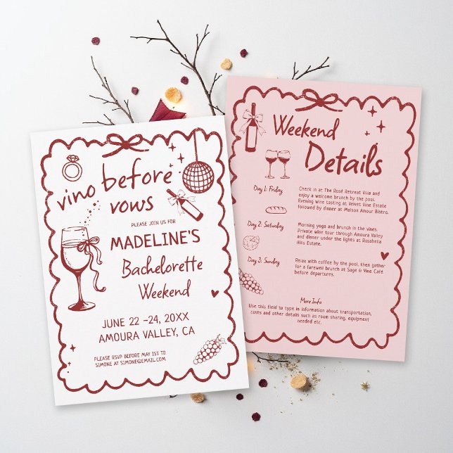 Winery Bachelorette Vino Before Vows Red Itinerary Inbjudningar (winery bachelorette party invitation hand drawn calligraphy burgundy red pink vino before vows)