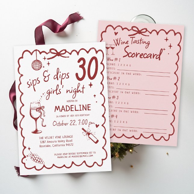 Winery Girls Night Out Wine Tasting 30th Birthday Inbjudningar (winery girls night out birthday invitation wine tasting scorecard red burgundy pink napa sonoma )