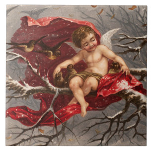 WINGED CHERUB ON WINTER TRÄD MED FÅGELJul Kakelplatta