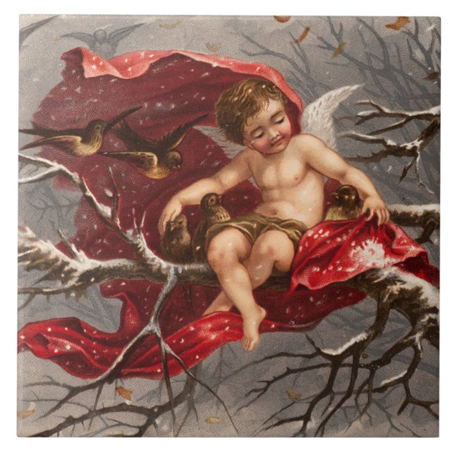 WINGED CHERUB ON WINTER TRÄD MED FÅGELJul Kakelplatta (Framsidan)