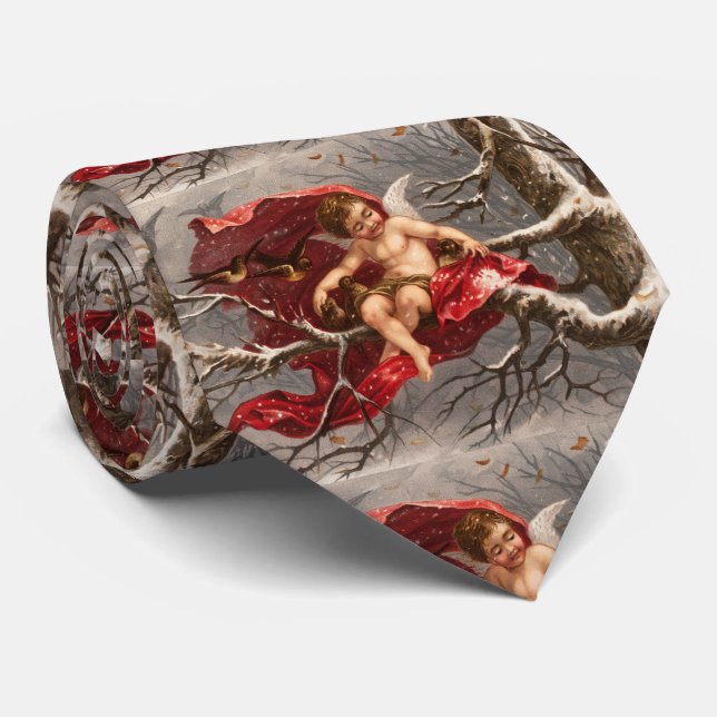 WINGED CHERUB ON WINTER TRÄD MED FÅGELJul Slips (Rullad)