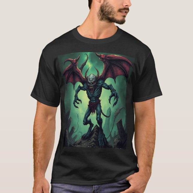 Winged Demon in Apocalyptic Ruins T Shirt (Framsida)
